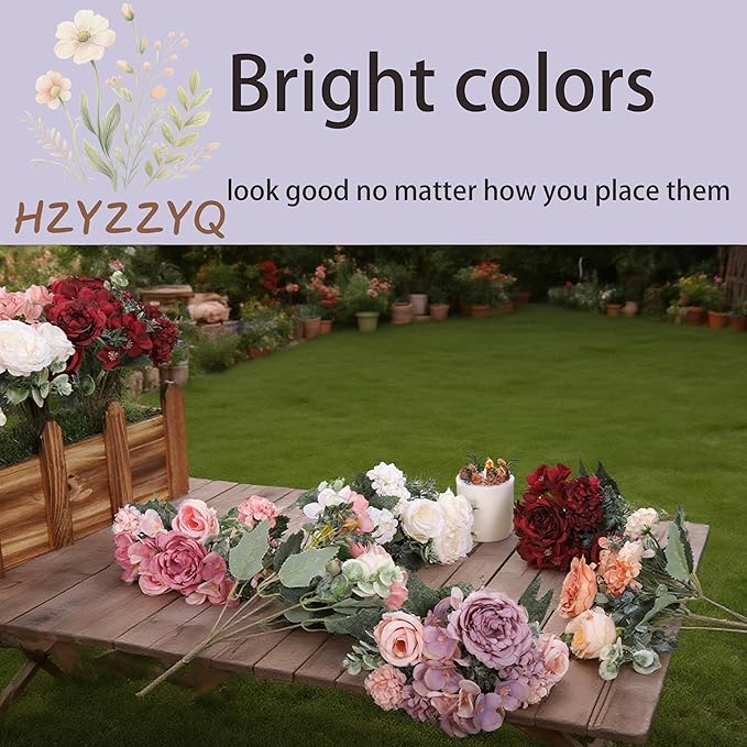 8 Pack Artificial Peony Flowers, Silk Peonies Flowers Fake Peonies Artificial Flowers Peonies Hydrangea Bouquet for Centerpiece Table Wedding Party Home Decor (8, Purple + Pink)