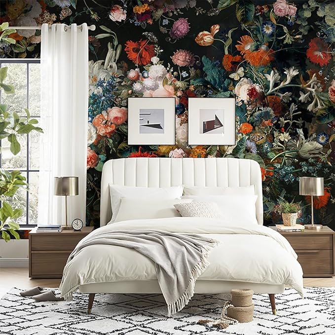 Zeeko Dark Floral Wallpaper Peel and Stick 177" W x 110" H Waterproof Canvas Fabric Vintage Moody Large Wall Mural Self Adhesive Removable Wall Paper for Bedroom Living Room Art Deco