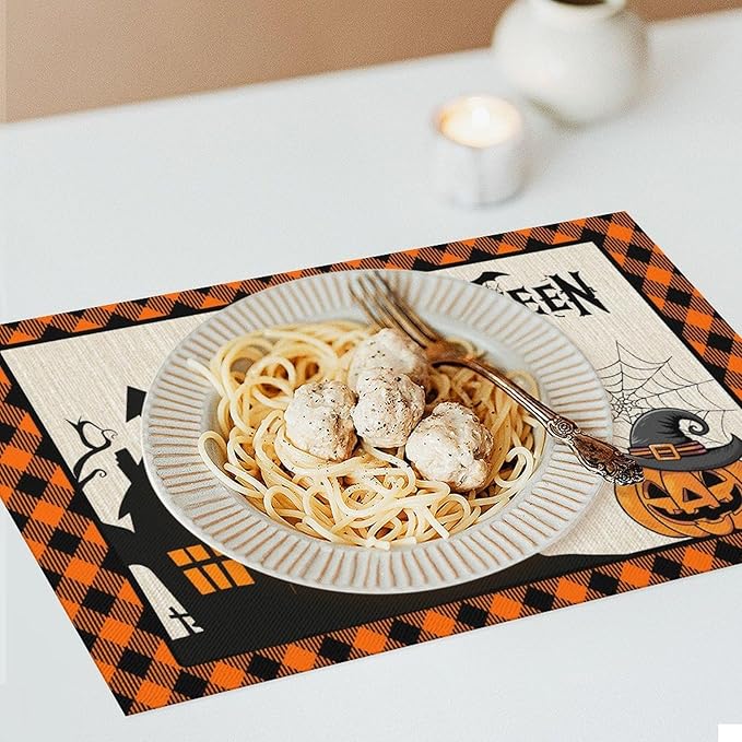Halloween Placemats Cartoon Retro Funny Horror Castle Spider Web Magic Witch Pumpkin Bat Pumpkin Placemats Table Kitchen Dining Party 12x18 Inch Set of 6