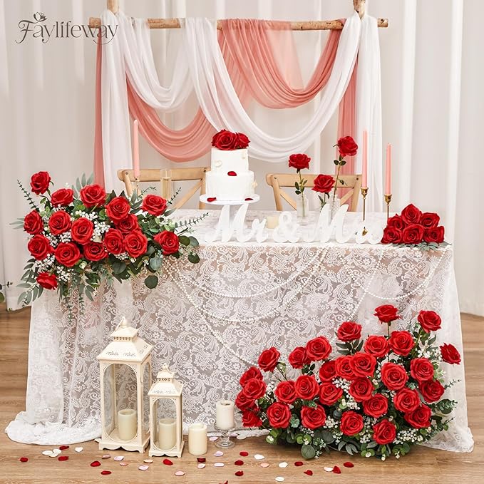20PCS Artificial Red Roses, 3.9'' Silk Flower Head Fake Red Rose with Long Stems, Realistic Faux Roses Bouquet for DIY Wedding Home Party Office Decoration