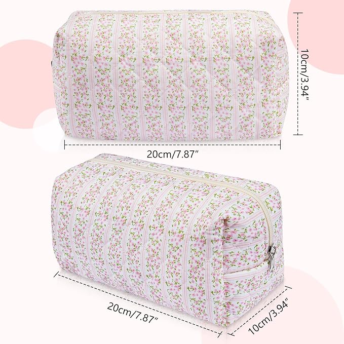 Floral Makeup Bag, Cute Cosmetic Bag for Women Girls, Quilted Cotton Make up Pouch, Travel Makeup Bags, Portable Storage Toiletry Organizer Bag(Navy Blue)