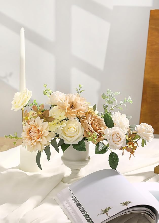 Nude Color Artificial Flowers Set - Fake Roses, Peonies, Dahlia, Silk Flowers with Stems for DIY Wedding Bouquets,Floral Arrangement,Table Centerpieces,Baby Shower, Home Decor