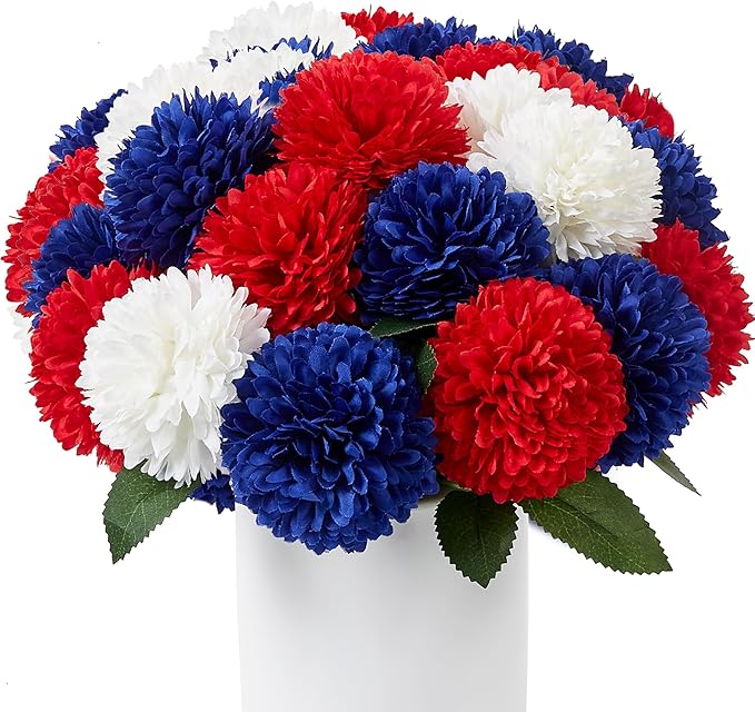 SITUMEIZI 12 Pcs Artificial Chrysanthemums Flowers Ball Flower Fake Mums Silk for Wedding Home Kitchen Decoration Floral Arrangement(Red,Blue,White)
