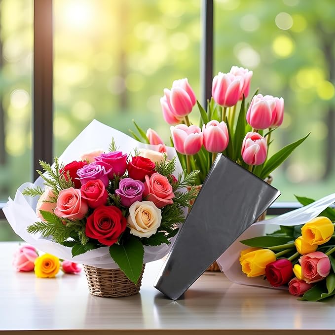 WLngtv 100 Pcs Clear Plastic Flower Bouquet Sleeve Bags, Sleeve Transparent Cellophane Bags Rose Packaging Gift Wrap Cellophane for Valentine's Day