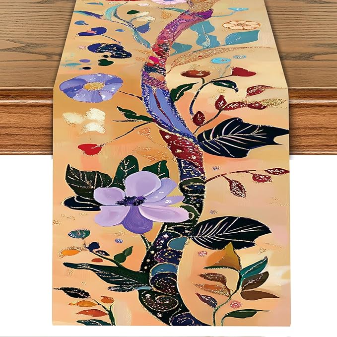 Elegant Floral Table Runner with Gold Accents – 13x72 Inch Linen-Look Fabric for Dining Table, Festive & Holiday Decor, Wedding, Christmas, and Everyday Home Use
