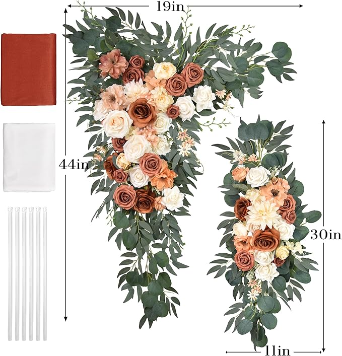 Ting's time Artificial Wedding Arch Flowers Kit(Pack of 4) - 2pcs Large Artificial Flower Swag with 2pcs Draping Fabric for Wedding Party Ceremony Decoration(Terracotta& Cream White)