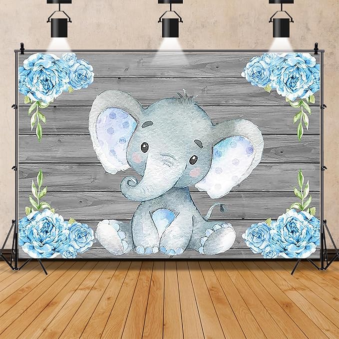 AOFOTO 8x6ft Rustic Grey Wood Elephant Backdrop Boy Baby Shower Party Decoration Photography Background Watercolor Flower Cartoon Animal Photo Studio Props Newborn Infant Kid Child Birthday Banner