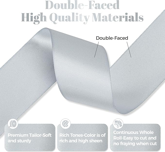 Silver Gray Satin Ribbon, Double Faced 2 Inch X 50 Yards Silver Gray Ribbon, Premium Satin Ribbon for Gift Wrapping, Crafts, Hair Bow Making, Sewing, Flower Bouquet, Wedding Party Decor
