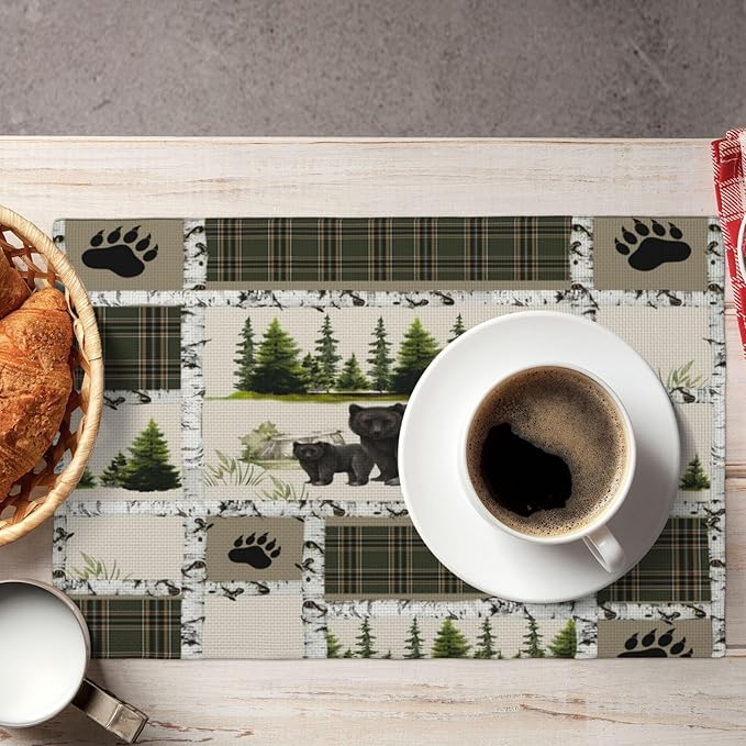 Forest Bear Moose Place Mats Set of 6 Pine Tree Wild Animal Kitchen Dining Table Mat for Indoor Outdoor Decorations 12 X 18 Inch 6 PCS, Style-19