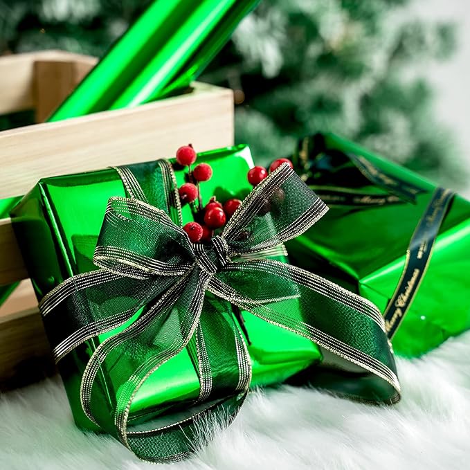 RUSPEPA Green Metallic Wrapping Paper - Solid Color Paper Perfect for Wedding, Birthday, Christmas, Baby Shower - 17 Inches X 32.8 Feet