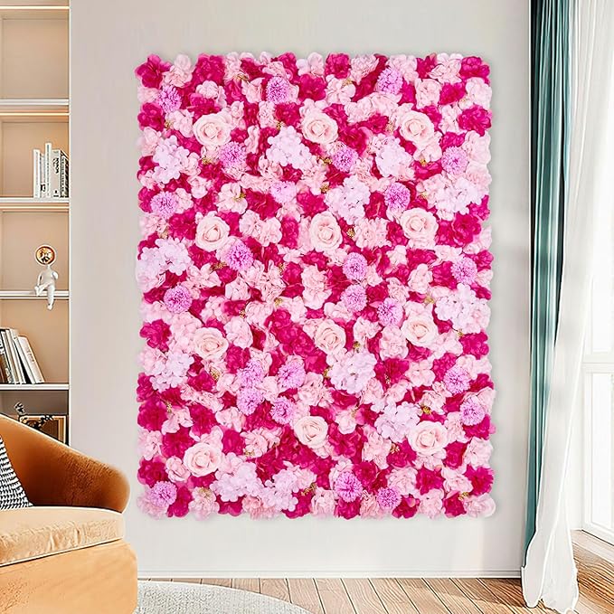 Wedding Backdrop Flower Wall Panels: 24 Packs 15x15 Inches Hot Pink Background - Bridal Shower Party Anniversary Ceremony Decor
