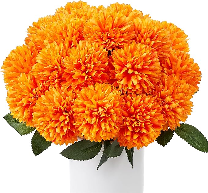 SITUMEIZI 12 Pcs Orange Artificial Chrysanthemums Flowers Ball Flower Fake Mums Silk for Fall Decor Halloween Thanksgiving Day Wedding Home Kitchen Decoration Floral Arrangement