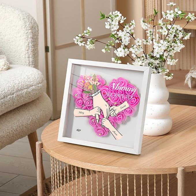 Mom We Love You - Personalized Flower Shadow Box with Names, Christmas Mothers Day Flower Box Gifts for Mom (Style 4-Hand in Hand)