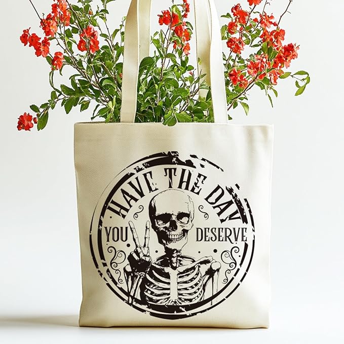 ANATTASOUL Halloween Canvas Tote Bag Black Skull Circle Reusable Cotton Bag for Women, Durable Cloth Shoulder Bags with Zipper Pockets for Shopping, Vacation, Work, Gym