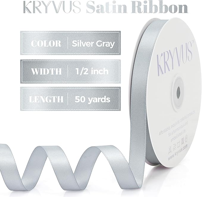 Silver Gray Satin Ribbon, Double Faced 1/2 Inch X 50 Yards Silver Gray Ribbon, Premium Satin Ribbon for Gift Wrapping, Crafts, Hair Bow Making, Sewing, Flower Bouquet, Wedding Party Decor
