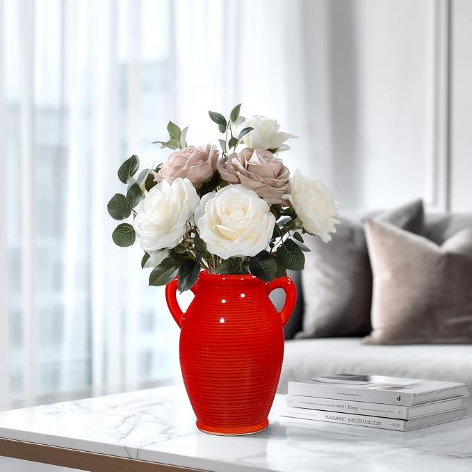 Sunddo Red Flower Vase for Home Decor, Modern Ceramic Vase for Centerpieces, Decorative Vase with 2 Handles, Kitchen, Bedroom, Office, Living Room & Bathroom, Shelf Decor, 8 Inch