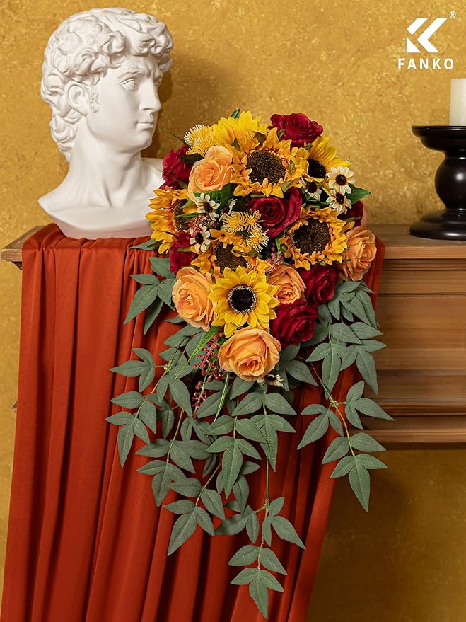 FANKO Artificial Flowers Light Orange Rose: Mixed Fake Silk Flowers Combo Red Rose Sunflower White Daisy Assorted Blooms for DIY Wedding Bridal Bouquets/Centerpieces/Home Decor