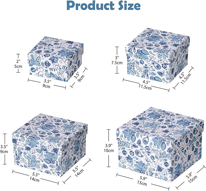 Briful Square Gift Boxes with Lids 4PCS Blue Flower Print Gift Box for Presents Nesting Assorted Sizes Present Boxes for Christmas Birthday Valentines Party Gift Wrap