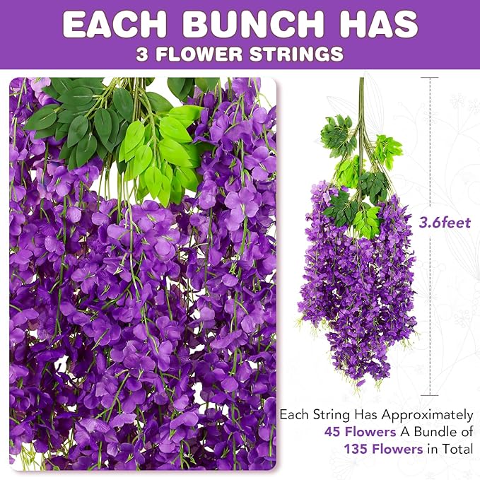 Wisteria Hanging Flowers,Fake Hanging Flowers,Wisteria artificiales Garland for Home Wedding Arch Floral Party Garden Ceremony Outdoor Decor,3.6 feet Long(50,Purple)