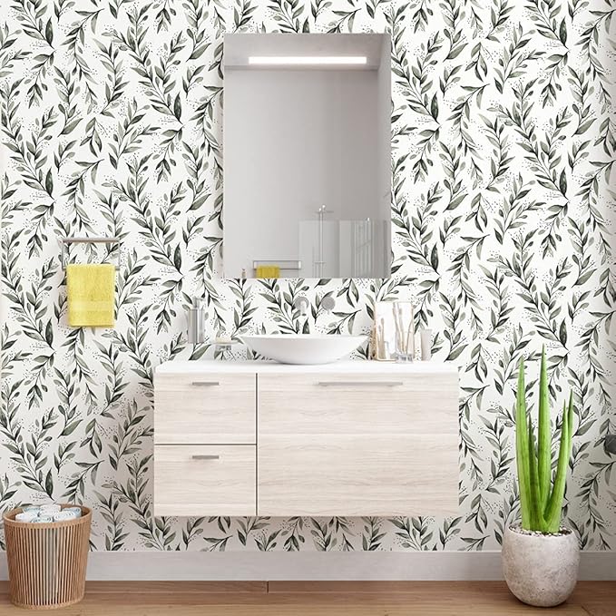 Erfoni Dark Green Leaf Wallpaper Green Peel and Stick Wallpaper 17.7in x 118.1in Modern DIY Removable Contact Paper Leaves Plant Self Adhesive Wall Paper for Livingroom Bathroom Decor Vinyl Roll