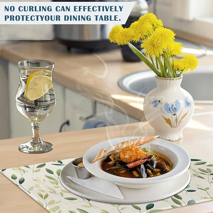 Placemats-Colorful Spring Leaves Linen Table Place Mats Set of 4 Non-Slip Heat Resistant Table Mats for Dining Kitchen Cabin Decor 12x18 Inch