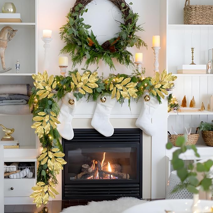 3 Pack Gold Glittered Artificial Leaf Spray Picks 31" Tall Magnolia Leaves Long Stems for Christmas Picks Winter Wedding Christmas Tree Garland Wreath DIY Bouquet Centerpiece Vase