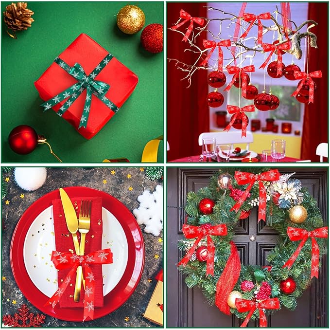 DECYOOL Christmas Ribbons, 4 Rolls 100 Yards Christmas Snowflake Ribbons for Gift Wrapping, 10mm and 15mm Wide Red and Green Satin Ribbon for Crafts, Fabric Christmas Wrapping Ribbon for Holiday