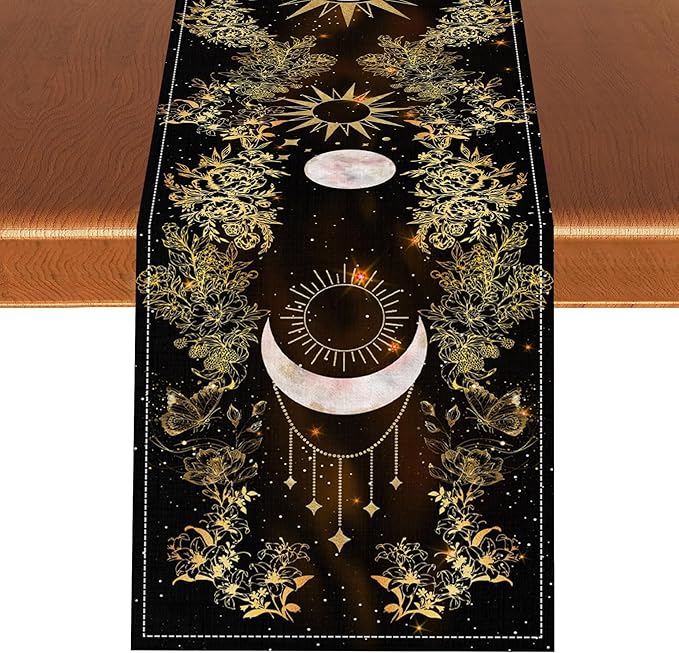 Boho Floral Table Runner, Spring Gothic Moon Phase Wildflower Mystical Witchy Farmhouse Coffee Table Center Decor for Home Kitchen Dining Patio Holiday Party Table Decorations 13x36 inches
