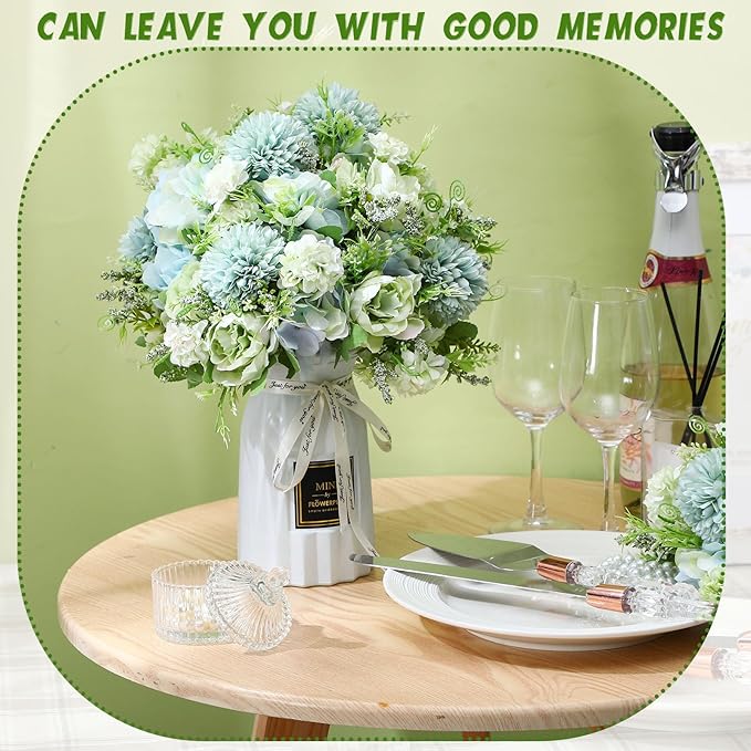Tigeen Artificial Flowers Artificial Peonies Silk Flowers Faux Peony Fake Peony Silk Hydrangea Bouquet for Wedding Table Centerpiece Floral Vase Decor(White Green,12 Bundles)