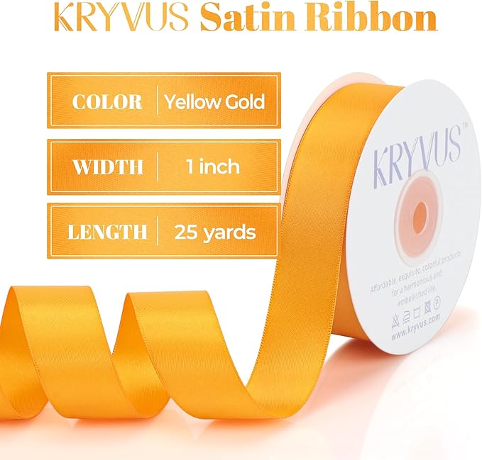 Yellow Gold Satin Ribbon, Double Faced 1 Inch X 25 Yards Yellow Gold Ribbon, Premium Satin Ribbon for Gift Wrapping, Crafts, Hair Bow Making, Sewing, Flower Bouquet, Wedding Party Decor
