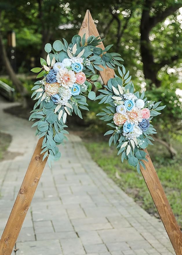 Artificial Blush Pink Wedding Arch Flower Swags Set of 2 for Wedding Welcome Signs and Ceremony Decorations, Blue Flowers