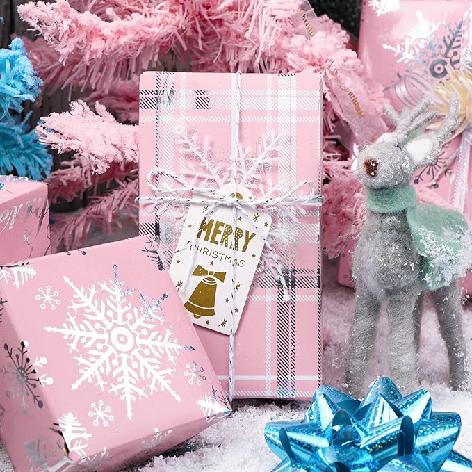 WRAPAHOLIC Christmas Wrapping Paper Roll - Mini Roll - 3 Rolls - 17 Inch X 120 Inch Per Roll - Pink with Silver Metallic Foil Snowflake, Plaid, Merry Christmas Lettering