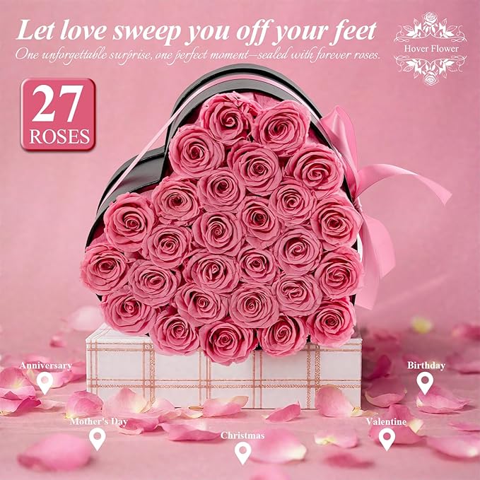 27 Forver Preserved Flowers in a Heart Box, Flowers for Her,Eternal Roses Flowers for Delivery Prime, Flowers Birthday Gifts for Women Mom Grandma Wife - Pink