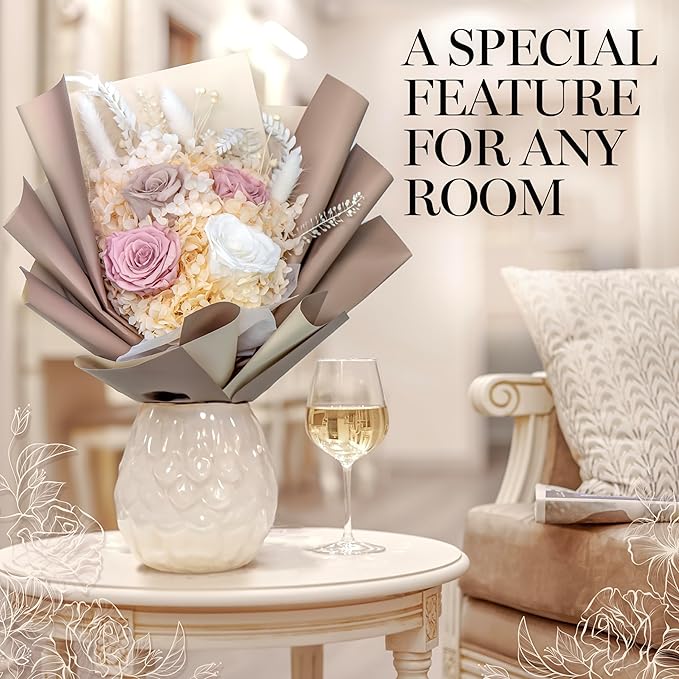 GLAMOUR BOUTIQUE Preserved Flowers Bouquet - Long-Lasting Flowers Forever in a Box with Hydrangeas & More, Gift Ready for Anniversary, Birthday, Mother's Day - Dusty Rose