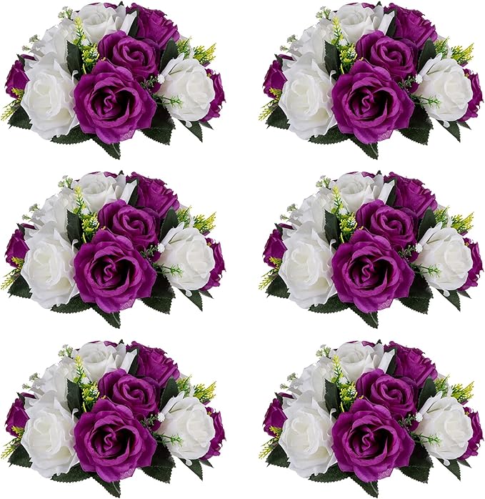NUPTIO Flower Centerpieces for Wedding Tables: 6 Pcs Purple & White Artificial Flower Ball Arrangement for Christmas Thanksgiving Party - Fake Floral Rose for Bridal Shower Decor