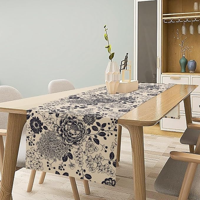 Boho Floral Table Runner, Vintage Rose Peonies Hydrangea Flower Botanical Aesthetic Gothic Beige Black Garden Table Runner for Indoor Outdoor Home Party Holiday Decor, 13x108inch