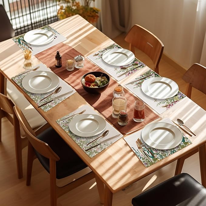 Summer Flower Placemats Set of 6,Washable Heat Resistant 12×18 Inch Linen Table Mats Fall Meadow Herbs Place Mats for Party Outdoor Dining Décor
