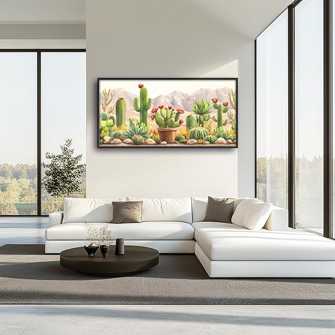 Western Cactus Succulents Large Decor Wall Art Framed Pictures for Living Room, Desert Landscape Oversized Canvas Print Painting Modern Extra Large Framed Artwork for Bedroom Office 60"x30"