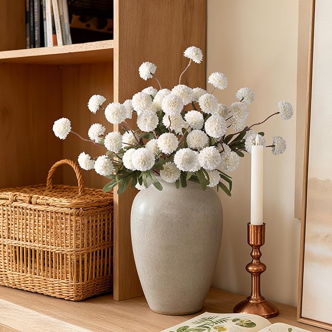 HyeFlora Fake Kiku Flowers,Faux Silk Pompon Mums 40heads Artificial Flowers,Chrysanthemum Stems Floral Arrangement Dried Flowers Vintage Decorative Indoor Home Vase Decor White