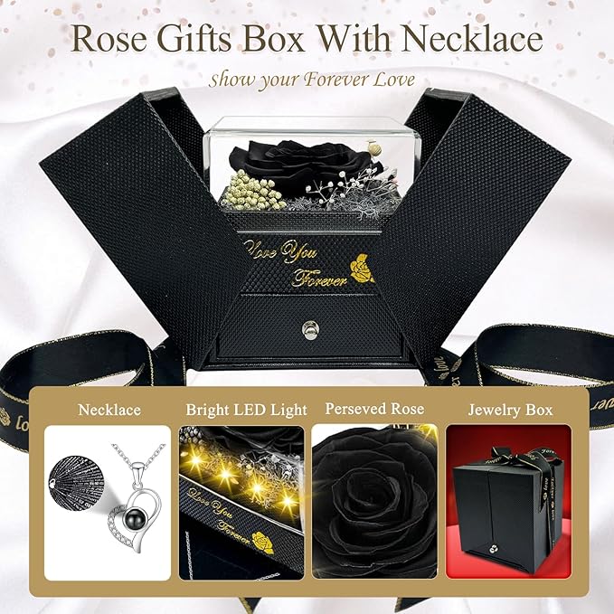 Preserved Real Rose-Eternal Flowers Rose Mothers Day for Mom Women Her Wife Girlfriend on Birthday Valentines with I Love You Necklace 100 Languages Romantic Gift (Black)