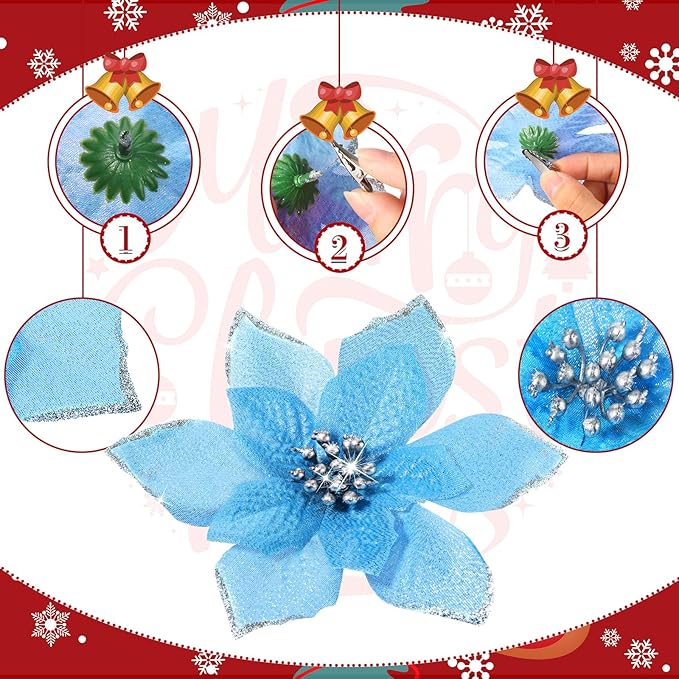 WILLBOND 24 Pcs 3 Size Poinsettia Flower Artificial Christmas Decor Glitter Poinsettia Christmas Ornaments Faux Flowers for Xmas Tree Outdoor(3.2/4/6 Inches,Lake Blue)