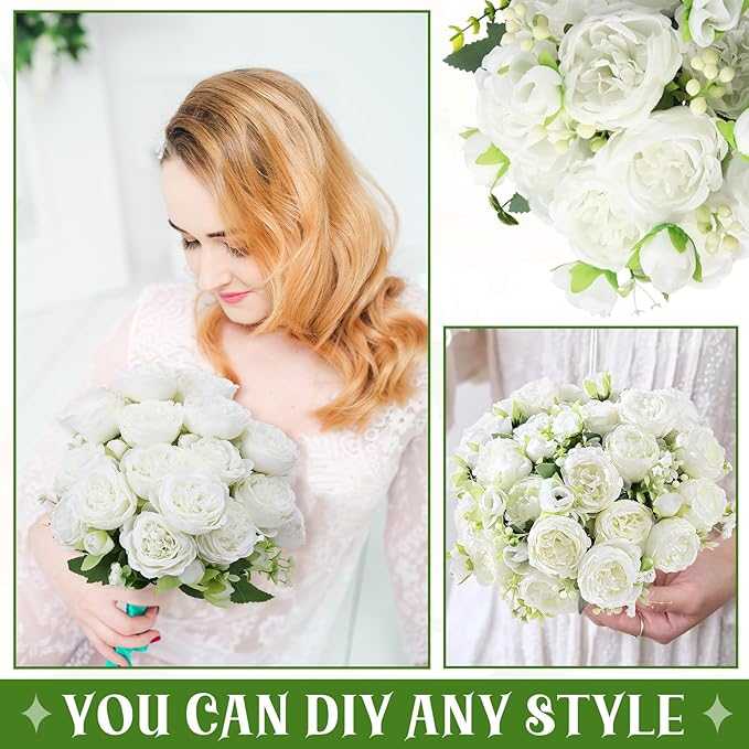 16 Pack White Peonies Artificial Flowers, Fake Silk Hydrangea Bouquet for Bridal Wedding Home Table Decor Reusable Dining Opening Ceremony Birthday Arrangement Faux Floral