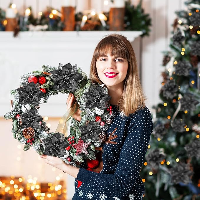 WILLBOND 36 Pieces Black Christmas Poinsettia Glitter Faux Flowers Artificial Ornaments Topper Xmas Decorations