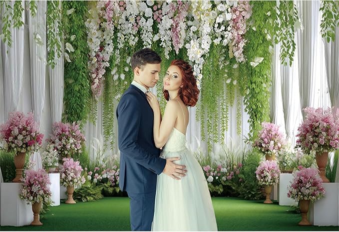 Baocicco Flowers Wedding Backdrops 10x7ft Green White Pink Floral Engagement Background Bridal Shower Backdrop Proposal Wedding Party Decoration Backdrop Valentines Day Banner Supplies