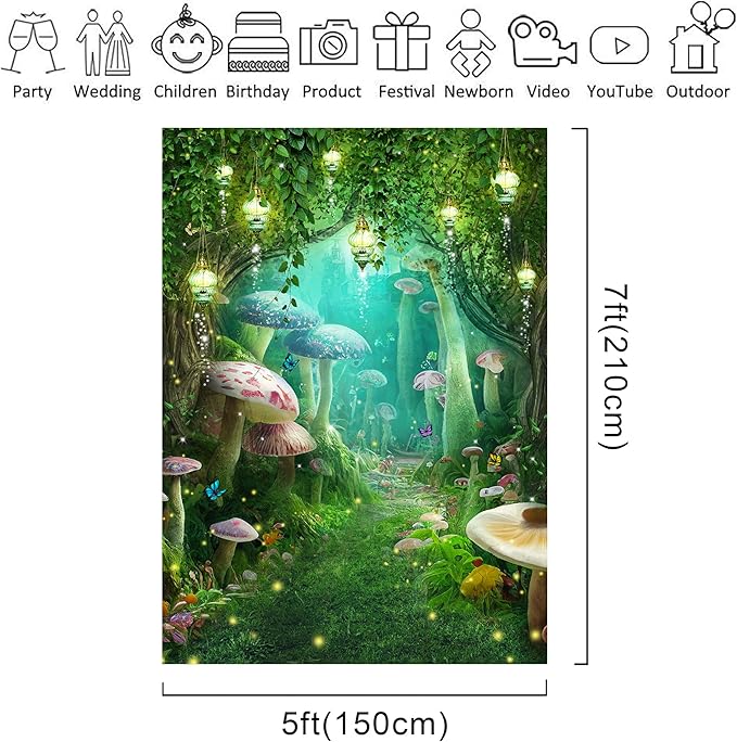 Riyidecor Enchanted Backdrop Polyester Fabric Greenery Garden Wonderland Fairy Tale Mushroom Butterfly Woodland Plant 5W*7H Feet Fantasy Photography Background Birthday Photo Studio Shoot