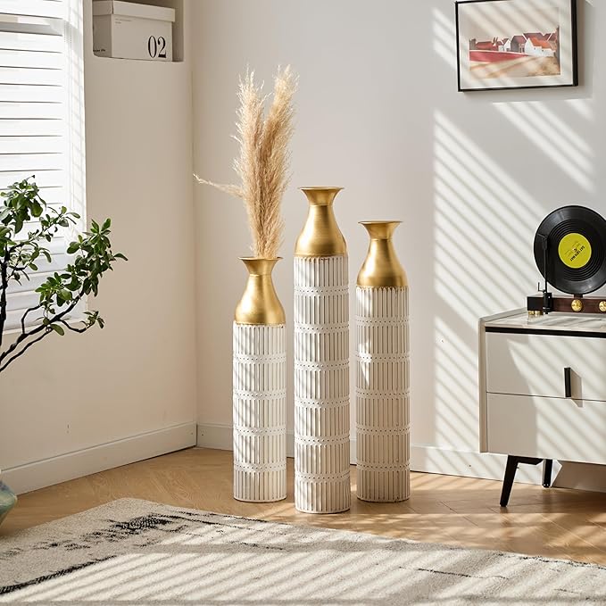 Floor Vases, Tall Home Decor Metal Vase Set of 3 Large Glazed Decorative Vases for Wedding Decor, Elegant Modern Flower Holder for Living Room, Entryway, Hallway, Dining Room