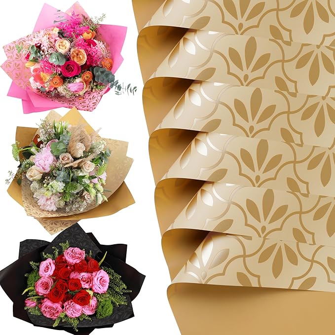 the florist Supply 20 Sheets Premium Flower Wrapping Paper | Waterproof Flower Wrapping Paper for Bouquets | Double Sided Floral Bouquet Sheets | DIY Gifts Isabella Kraft/Gold