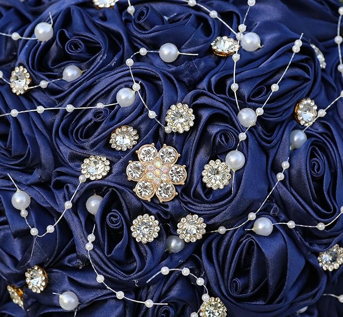 Bridal Wedding Bouquet Round Bling Brooch Bouquet Throw Toss Artificial Rose Flower Bunch for Bride Bridesmaid Wedding Quinceanera(Navy Blue, 8.7")