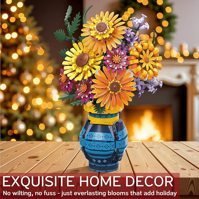 Sunflower Building Blocks with Vase Set for Adults, Christmas Artificial Flower Bouquet Botanical Collection Bricks Anniversary Birthday Gifts for Her Women Men Mom Wife Grandma Home Decor -1065 PCS