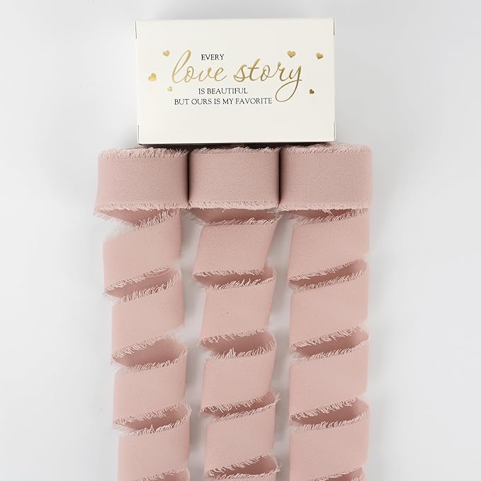 MEEDEE Dusty Rose Chiffon Ribbon 1 Inch Fringe Ribbons Dark Pink Chiffon Silk Frayed Edge Ribbon Thin Chiffon Ribbons for Crafts, Gift Wrapping, Wedding Invitation (3 Rolls 21 Yards)